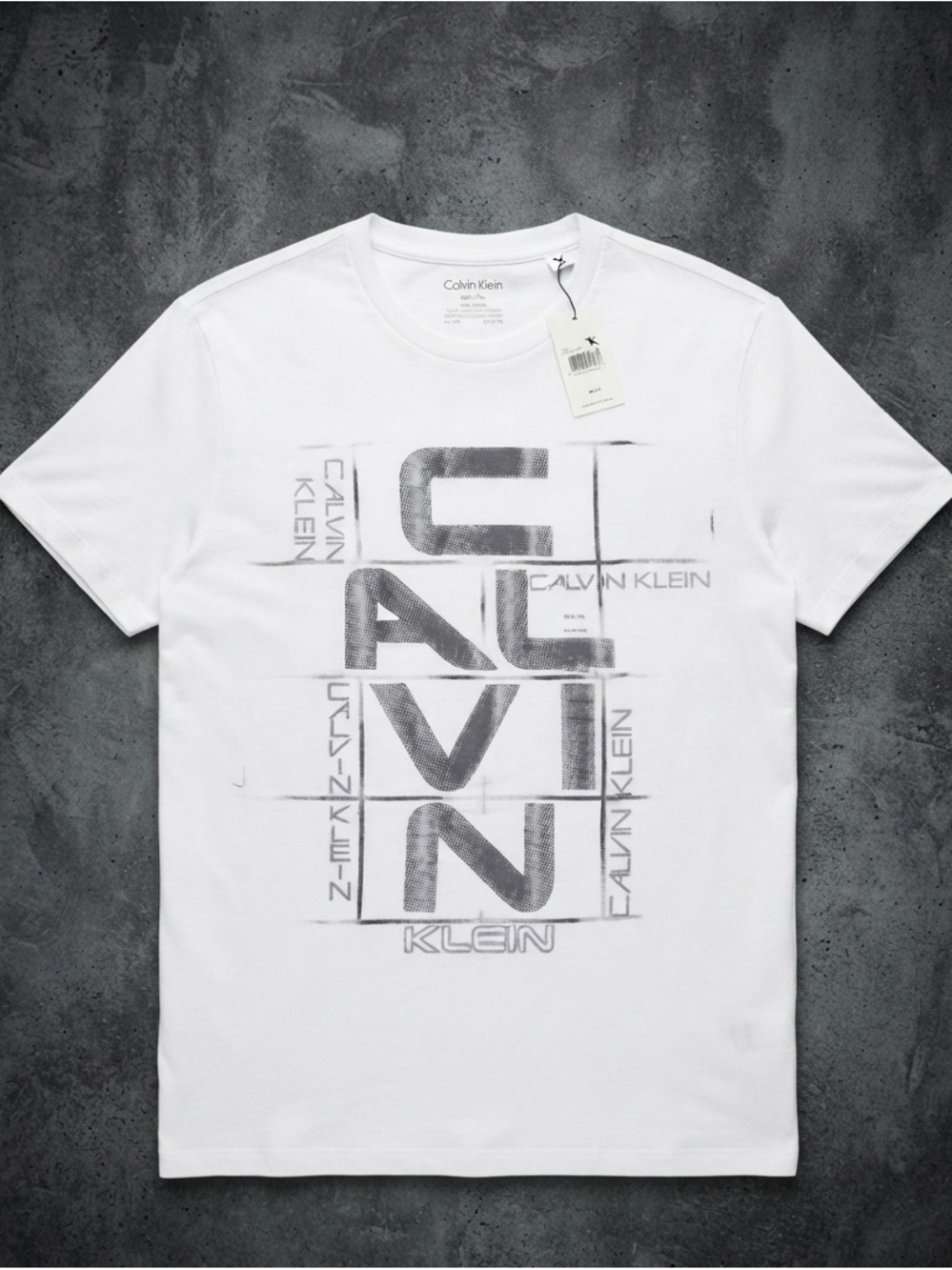 Calvin Klein White T-Shirt with Gray Logo Grid